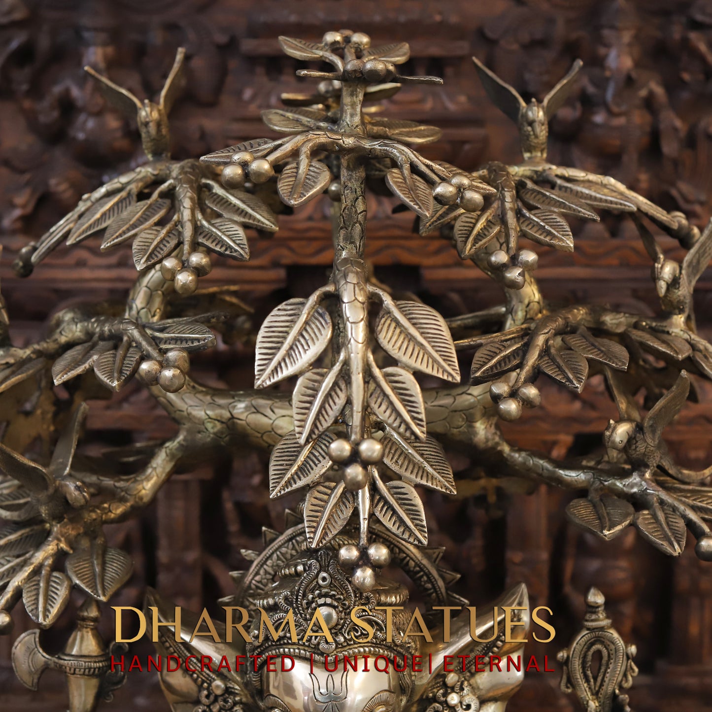 Brass Ganesh Idol, Seated on a Lotus, Under a Tree, Fine Golden Finish 31"