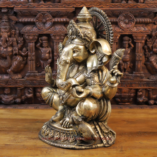 Brass Ganesh Idol, Seated with Mouse, Fine Golden Finish 23.5"