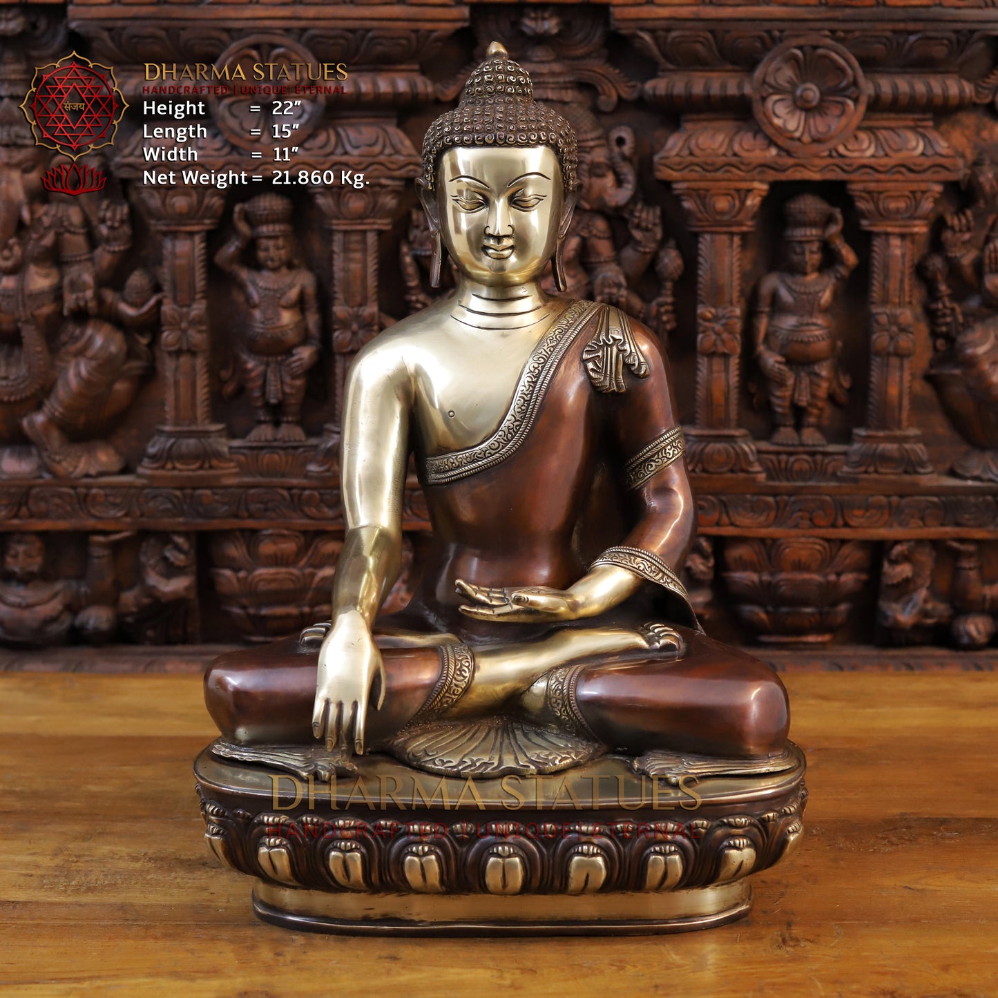 Brass Buddha Statue, Seated on a Lotus, Copper and Golden Finish 22"