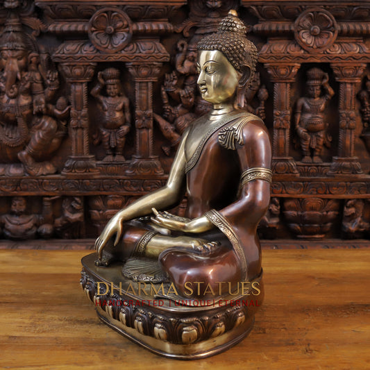 Brass Buddha Statue, Seated on a Lotus, Copper and Golden Finish 22"