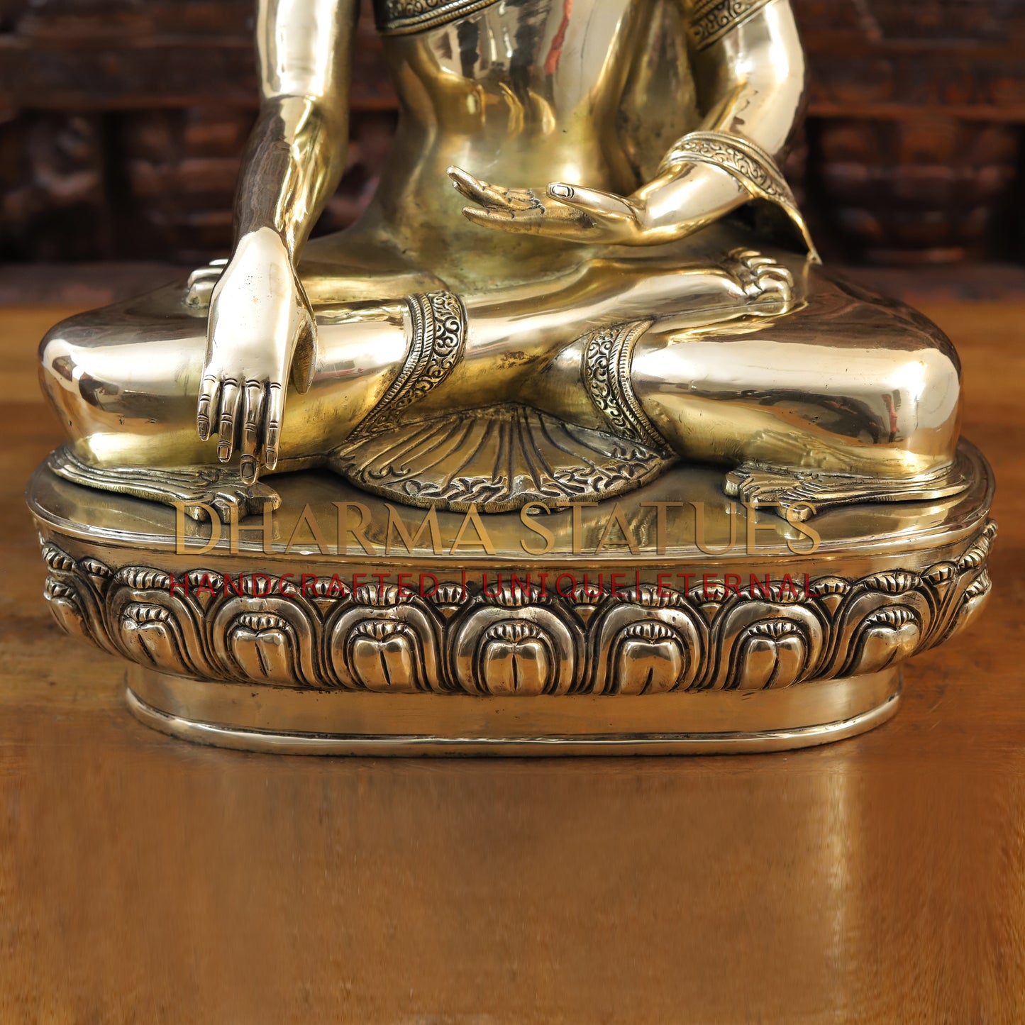 Brass Buddha Idol, Seated on a Lotus, Smooth Golden Finish 22"