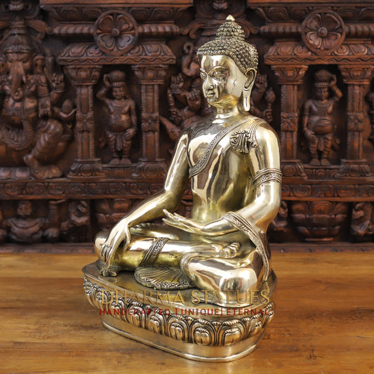 Brass Buddha Idol, Seated on a Lotus, Smooth Golden Finish 22"