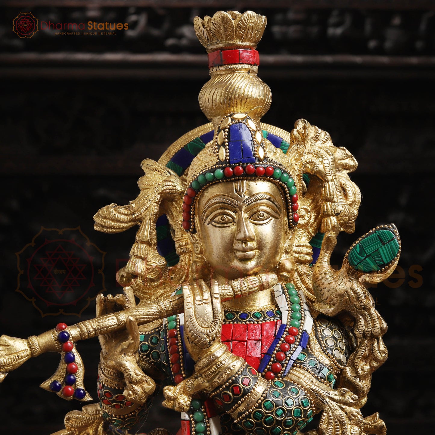 Brass Krishna Statue with Cow, Playing Flute, Golden Finish with Stone Work, 21"