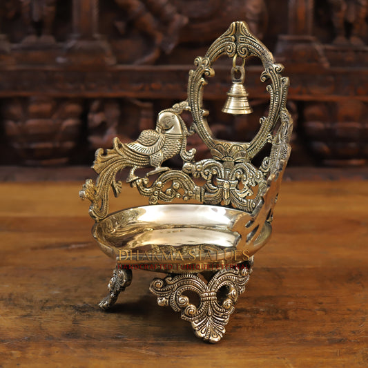 Brass Peacock Urli, With Bell, Fine Golden Finish 10.5"
