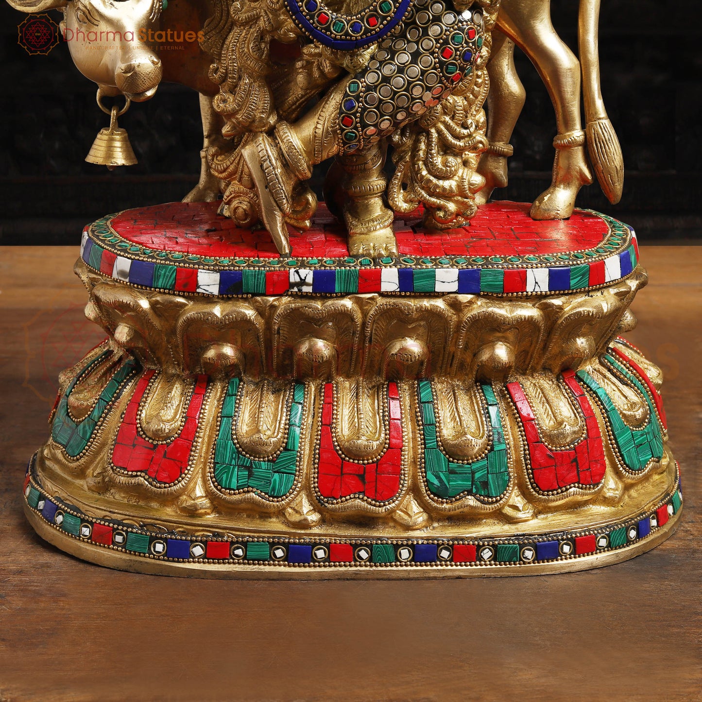 Brass Krishna Statue with Cow, Playing Flute, Golden Finish with Stone Work, 21"