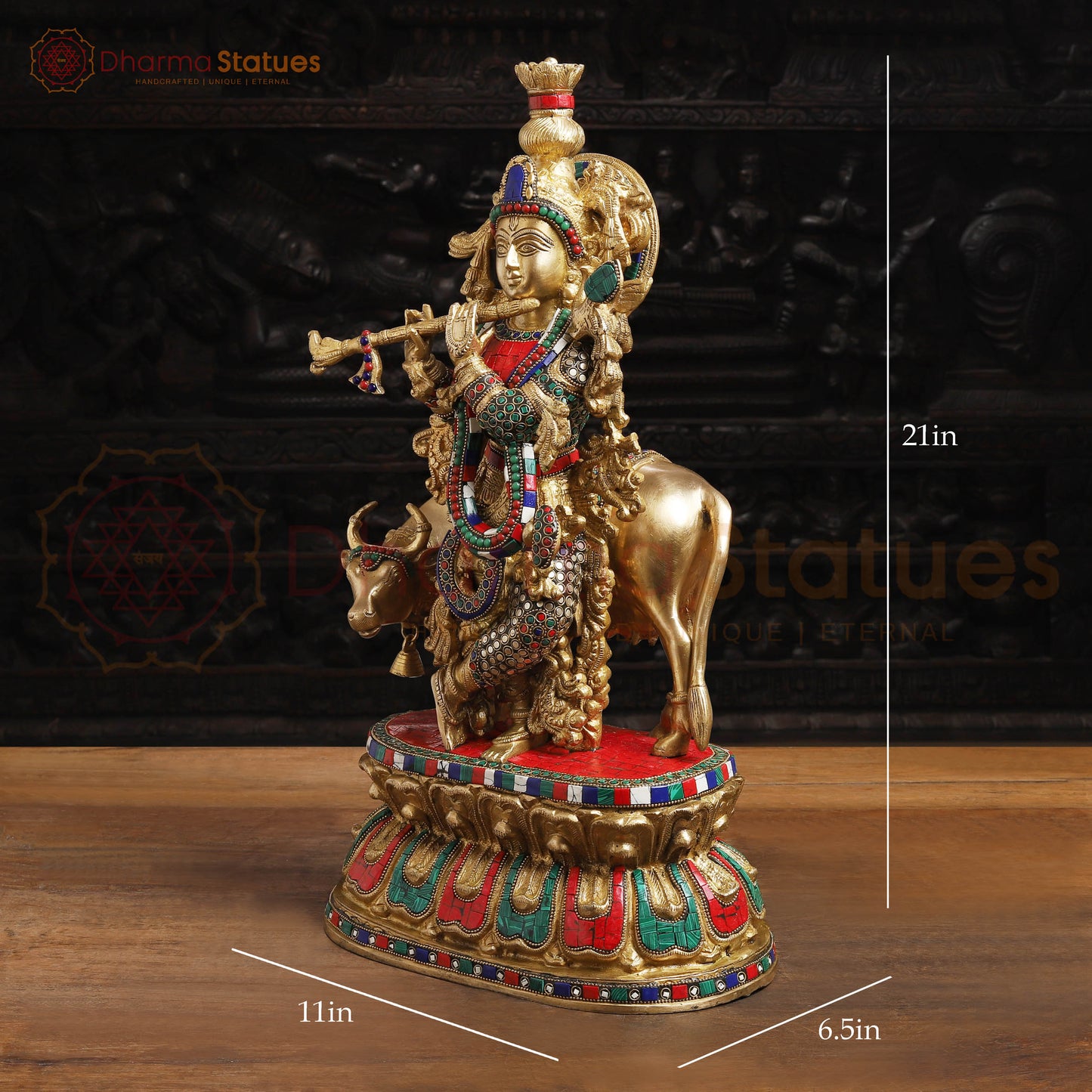 Brass Krishna Statue with Cow, Playing Flute, Golden Finish with Stone Work, 21"
