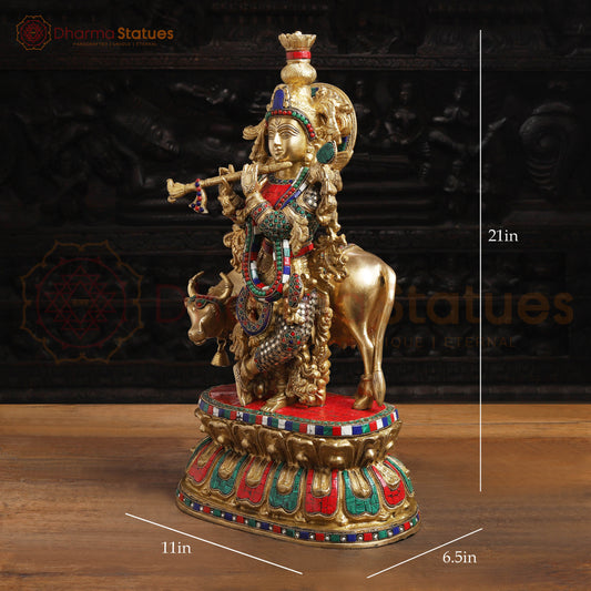 Brass Krishna Statue with Cow, Playing Flute, Golden Finish with Stone Work, 21"