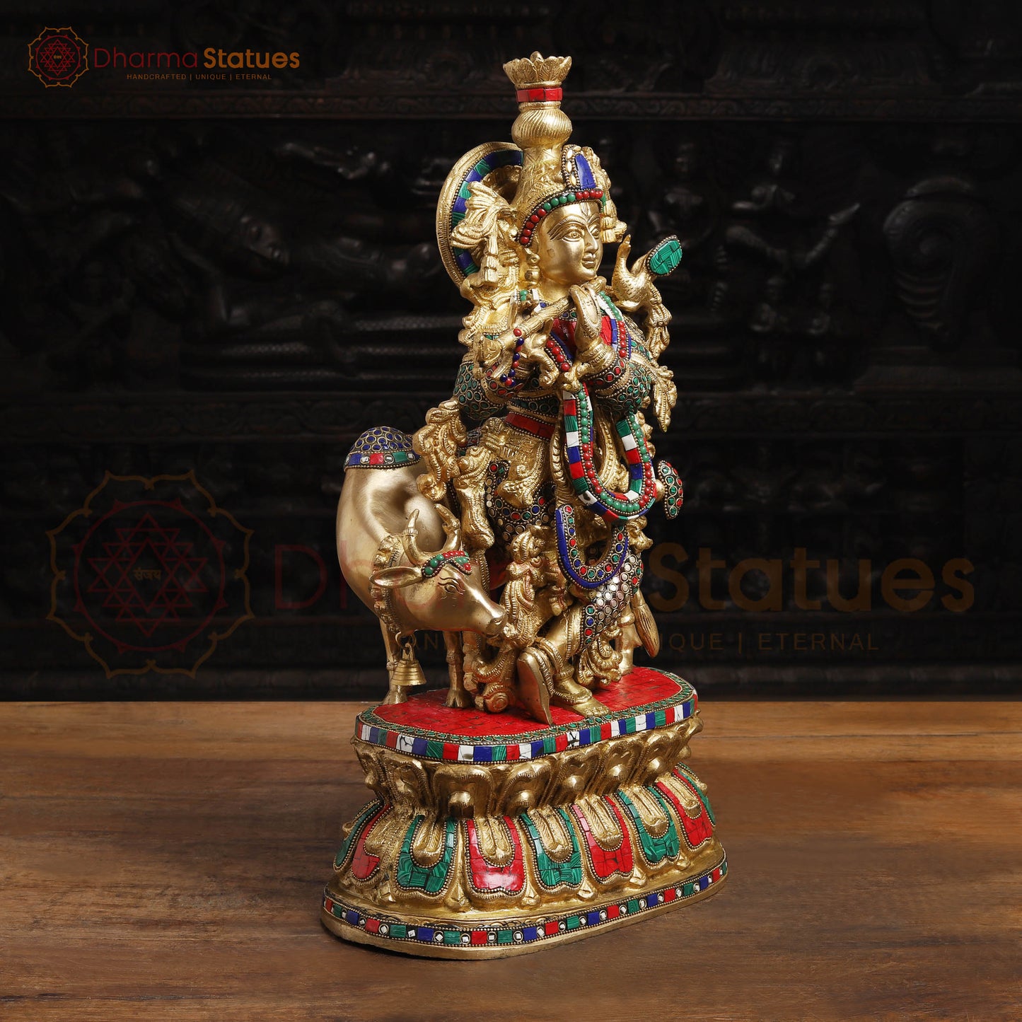 Brass Krishna Statue with Cow, Playing Flute, Golden Finish with Stone Work, 21"