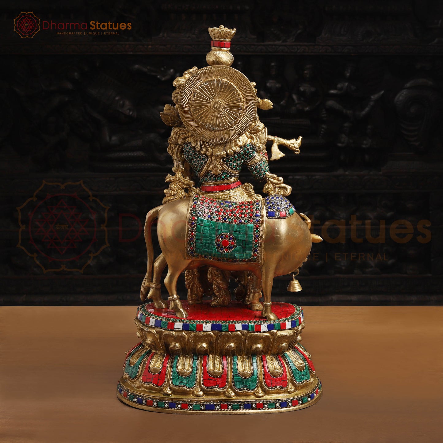 Brass Krishna Statue with Cow, Playing Flute, Golden Finish with Stone Work, 21"