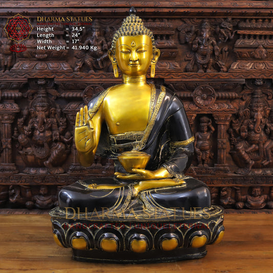 Brass Medicine Buddha Idol, Fine Golden & Black Patina Finish 34.5"