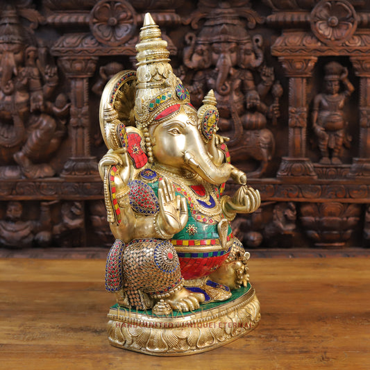 Brass Ganesh seated on Base, Blessing Posture, Golden & Stonework, 20"