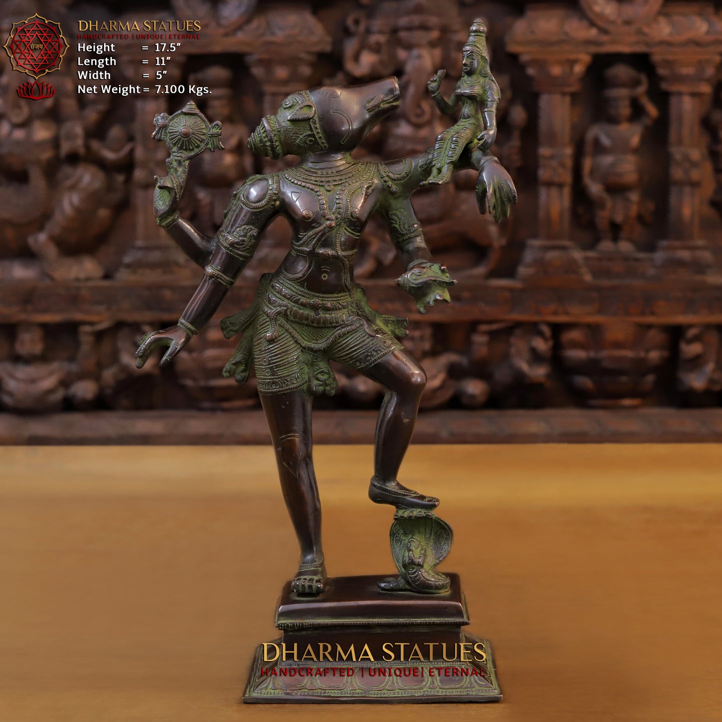 Brass Narayana Vishnu  Holding Lakshmi Goddess, Copper & Green Finish, 17.5"