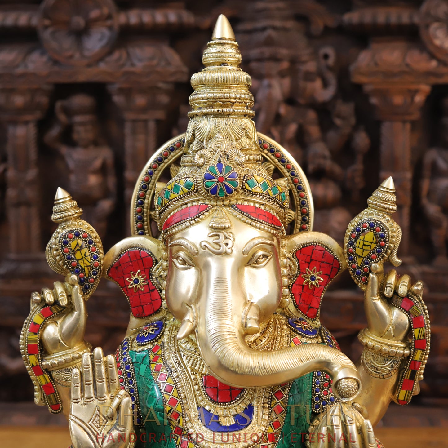 Brass Ganesh seated on Base, Blessing Posture, Golden & Stonework, 20"