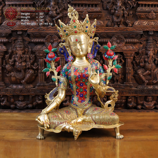 Brass Tara in Blessing Position, Golden & Stonework, 30"