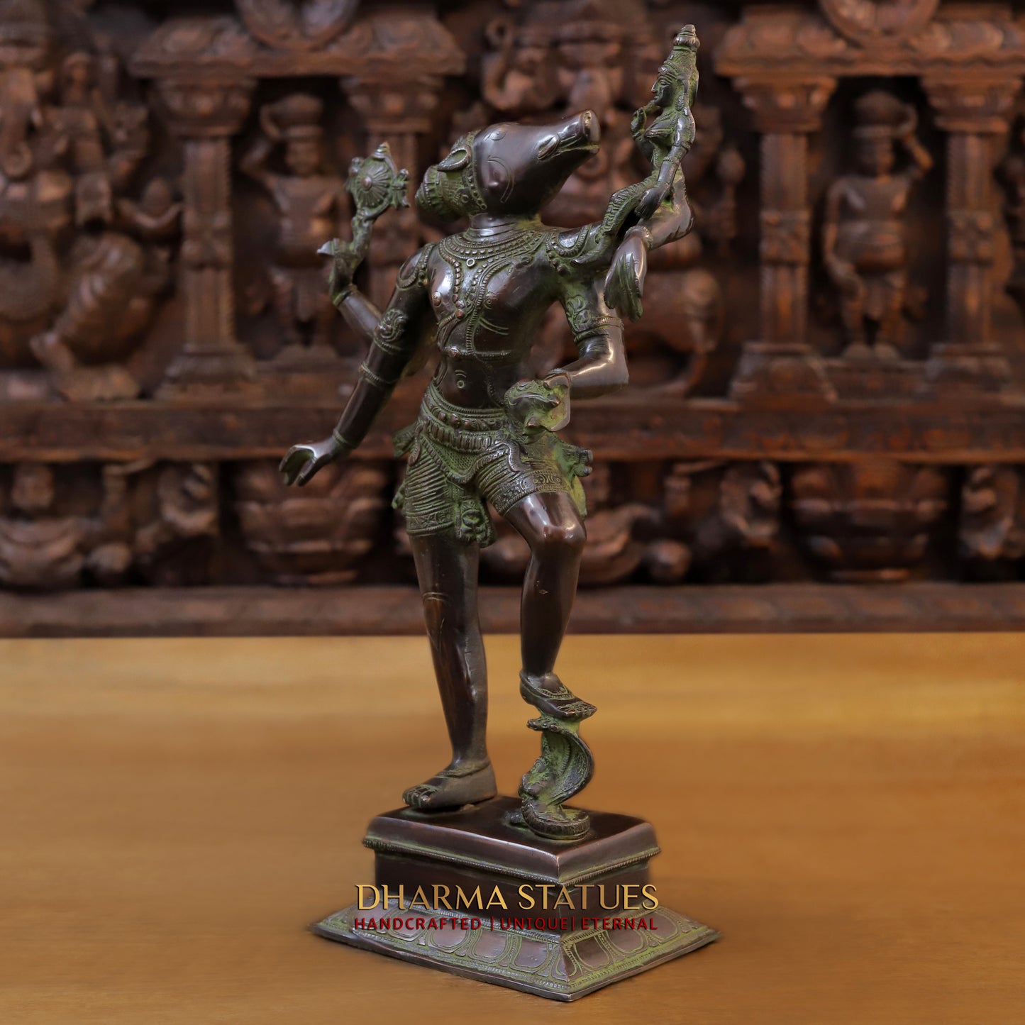 Brass Narayana Vishnu  Holding Lakshmi Goddess, Copper & Green Finish, 17.5"