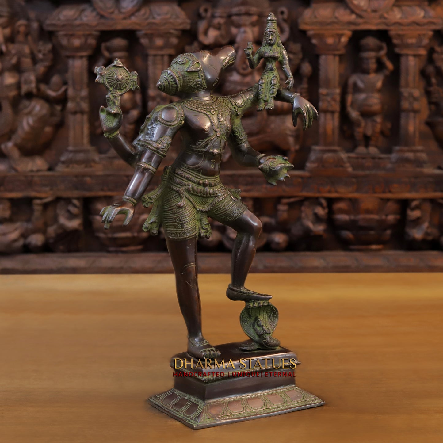 Brass Narayana Vishnu  Holding Lakshmi Goddess, Copper & Green Finish, 17.5"