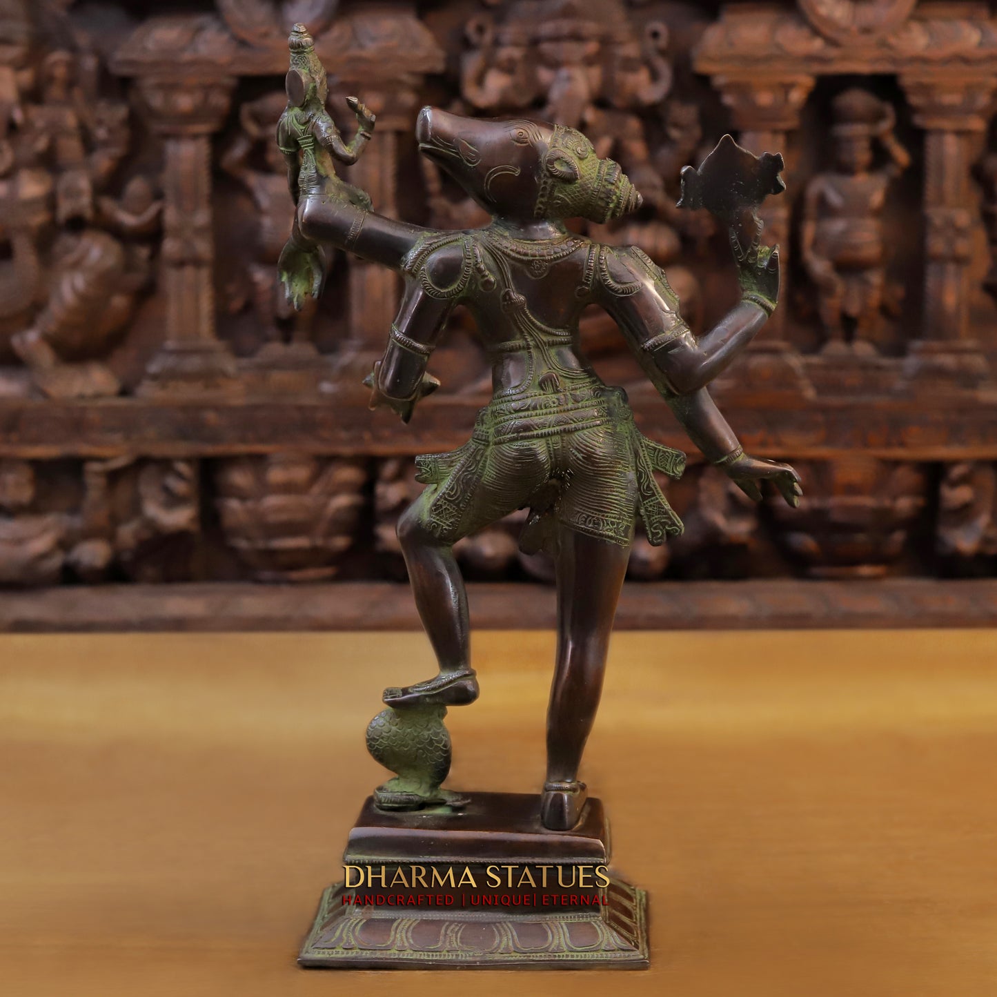 Brass Narayana Vishnu  Holding Lakshmi Goddess, Copper & Green Finish, 17.5"