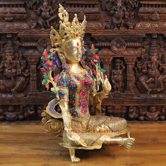 Brass Tara in Blessing Position, Golden & Stonework, 30"