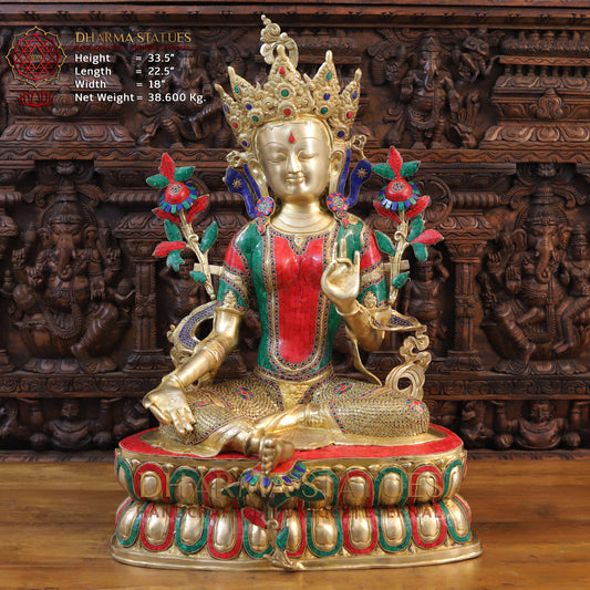 Brass Tara seated, Blessing Position, Golden & Stonework, 33.5"