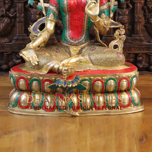 Brass Tara seated, Blessing Position, Golden & Stonework, 33.5"