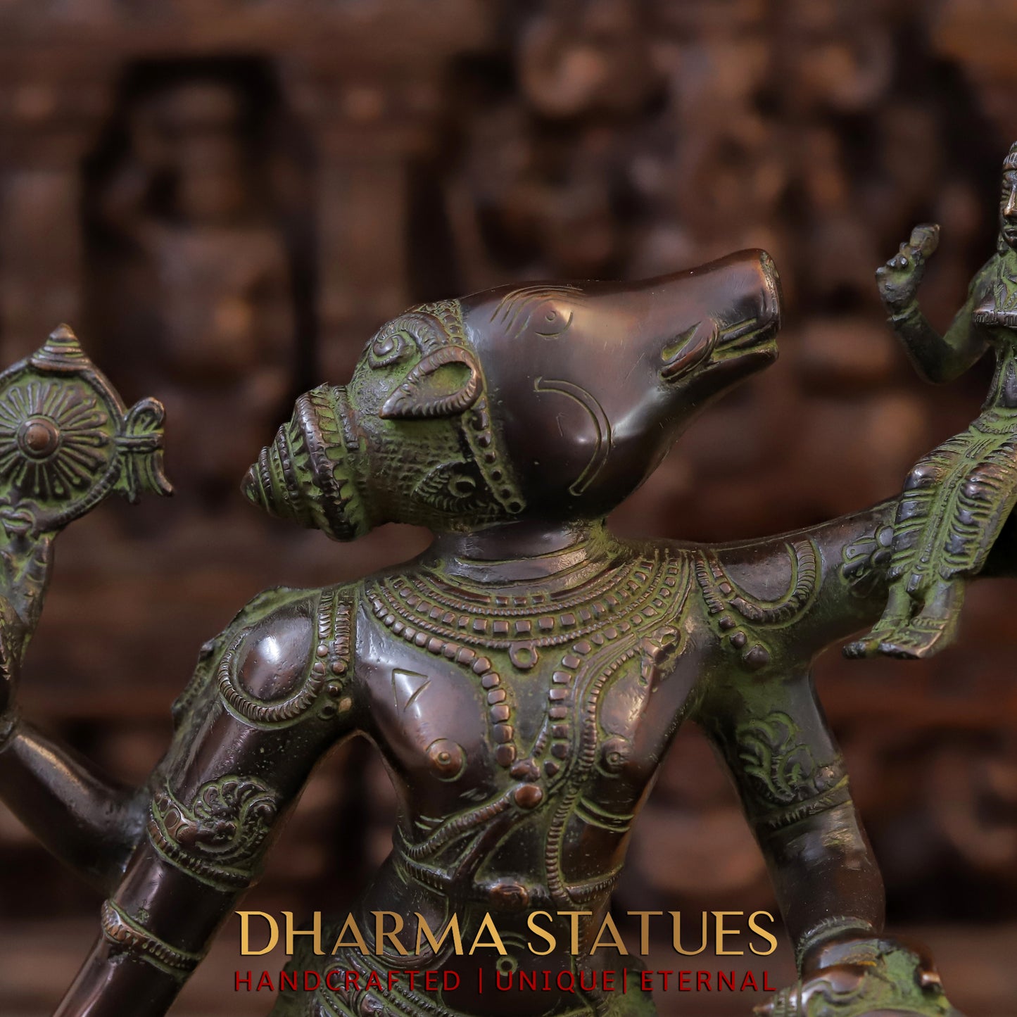 Brass Narayana Vishnu  Holding Lakshmi Goddess, Copper & Green Finish, 17.5"