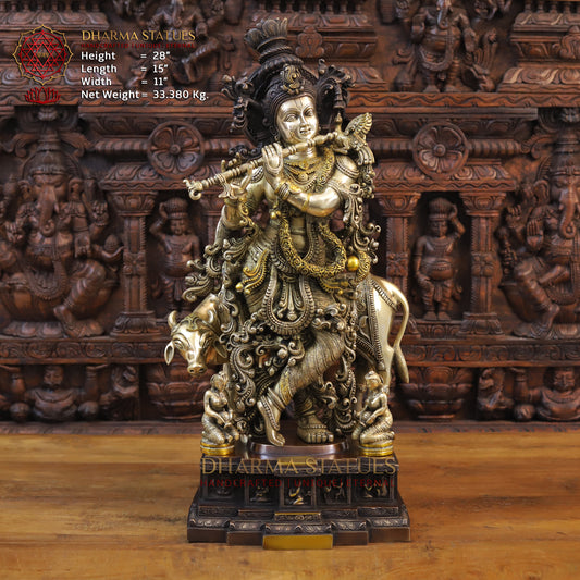 Brass Krishna Playing Flute with Cow, Copper & Golden Finish, 28