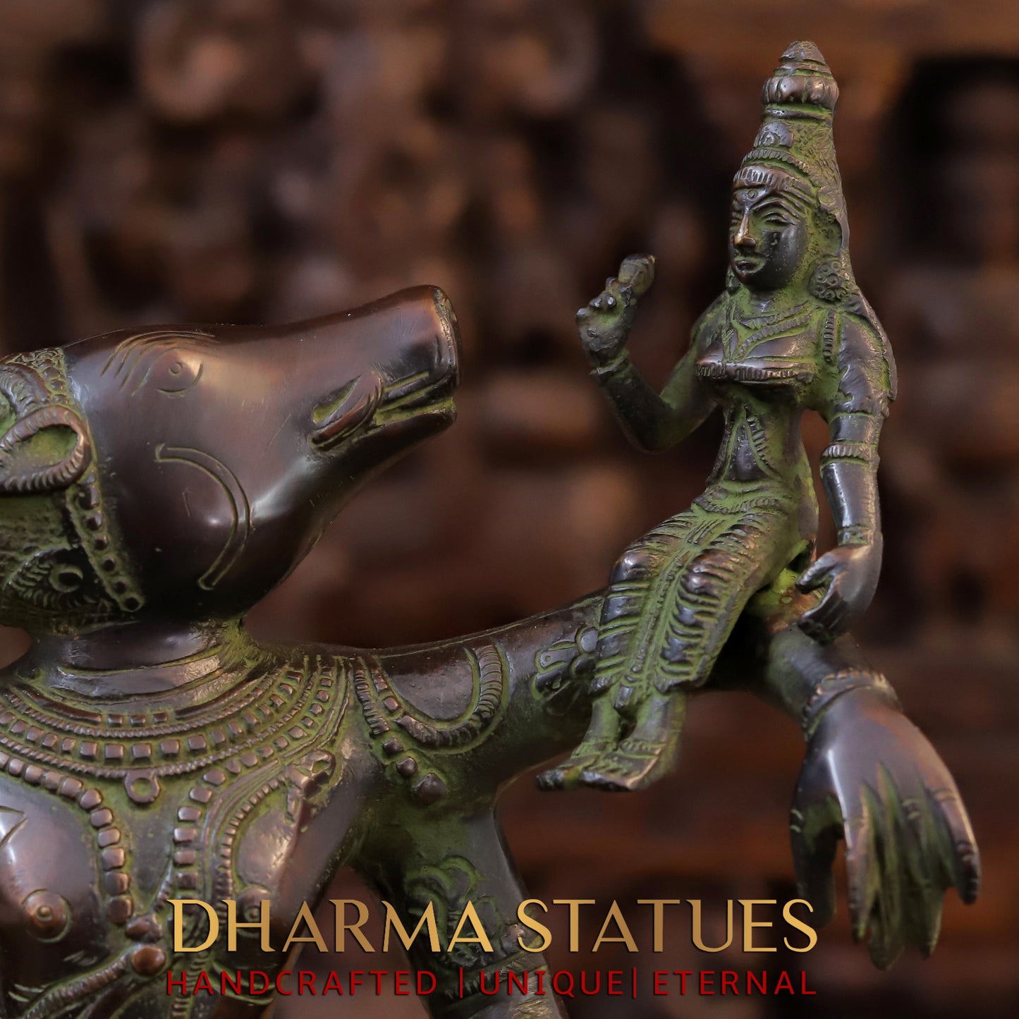 Brass Narayana Vishnu  Holding Lakshmi Goddess, Copper & Green Finish, 17.5"