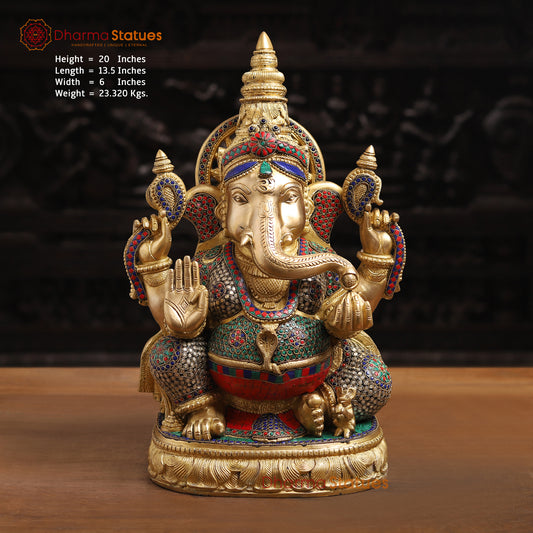 Brass Ganesh Sitting With Surya carved Behind the Crown, Stone Work, 20" Front View