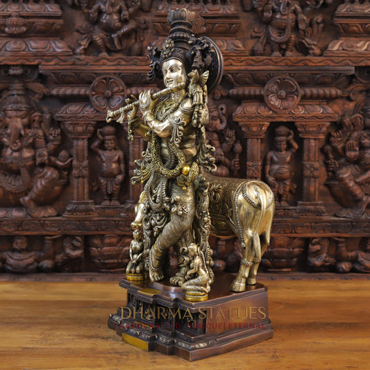 Brass Krishna Playing Flute with Cow, Copper & Golden Finish, 28