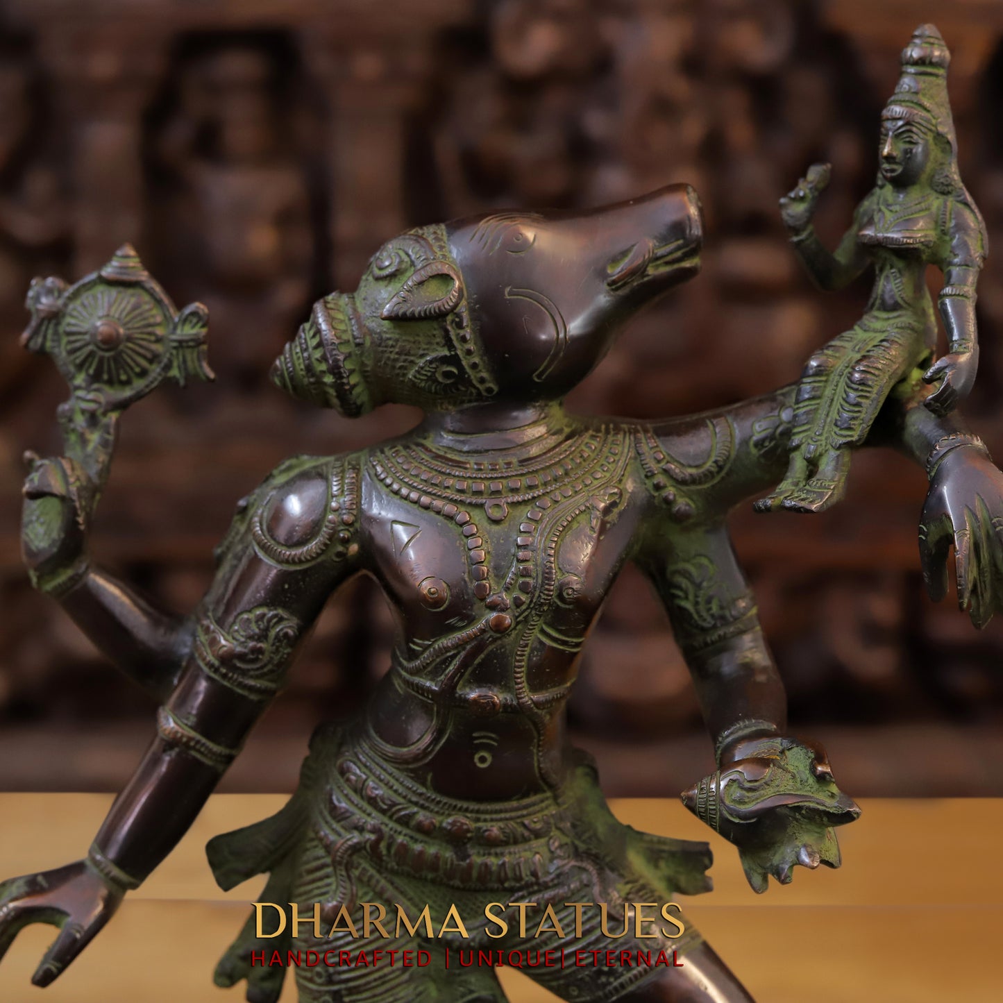 Brass Narayana Vishnu  Holding Lakshmi Goddess, Copper & Green Finish, 17.5"