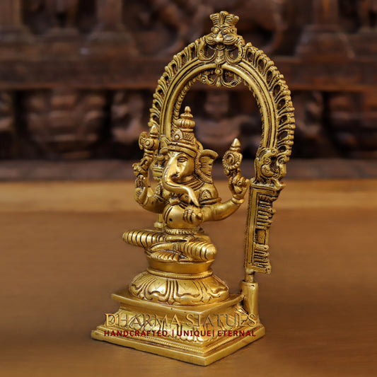 Brass Ganesh Sitting With Frame, Golden Finish, 9.5"