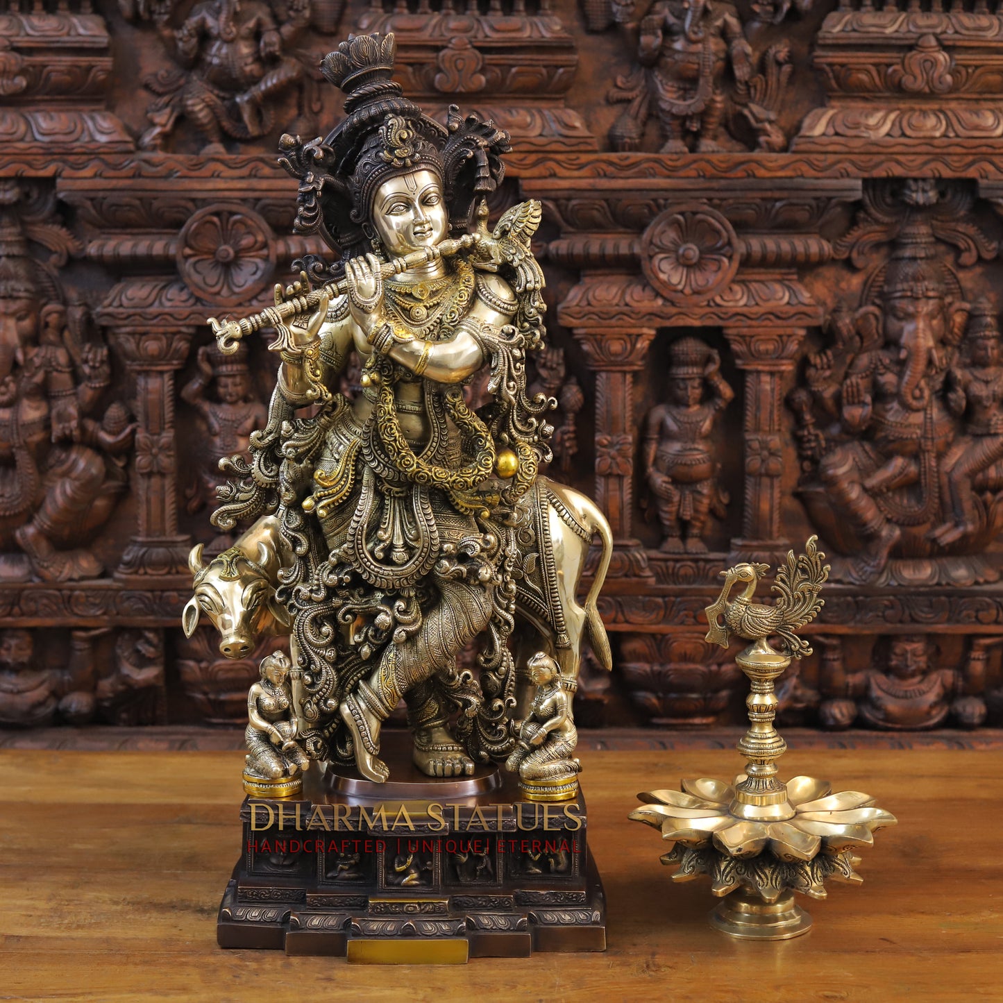Brass Krishna Playing Flute with Cow, Copper & Golden Finish, 28