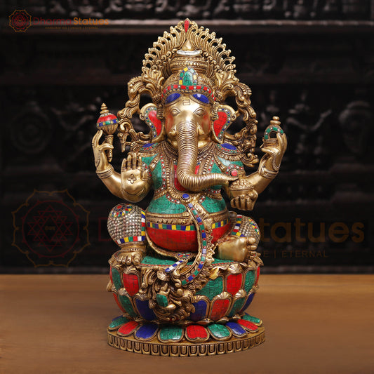 Brass Ganesh Sitting On Lotus Base with Fine Detailing and stone work 26"