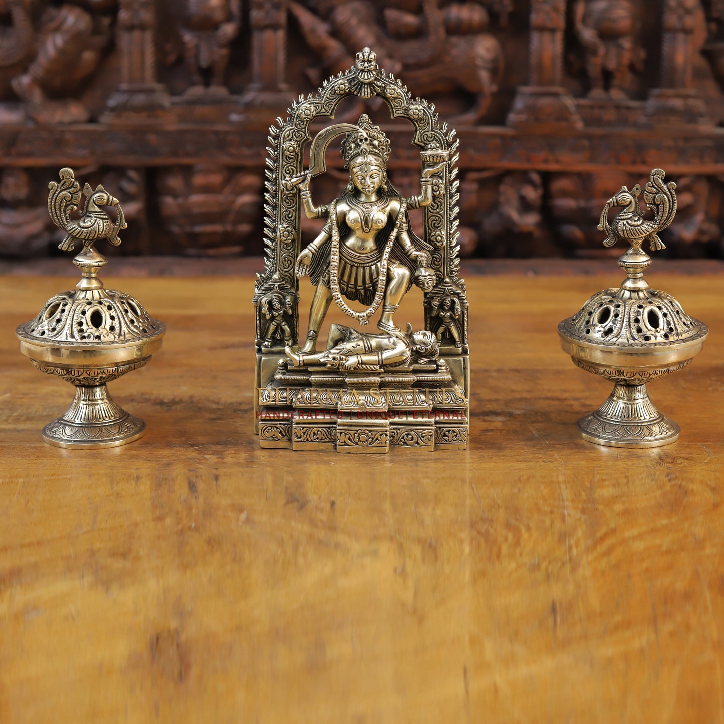 Brass Kali standing with Frame, Fine Golden Finish, 10.5"