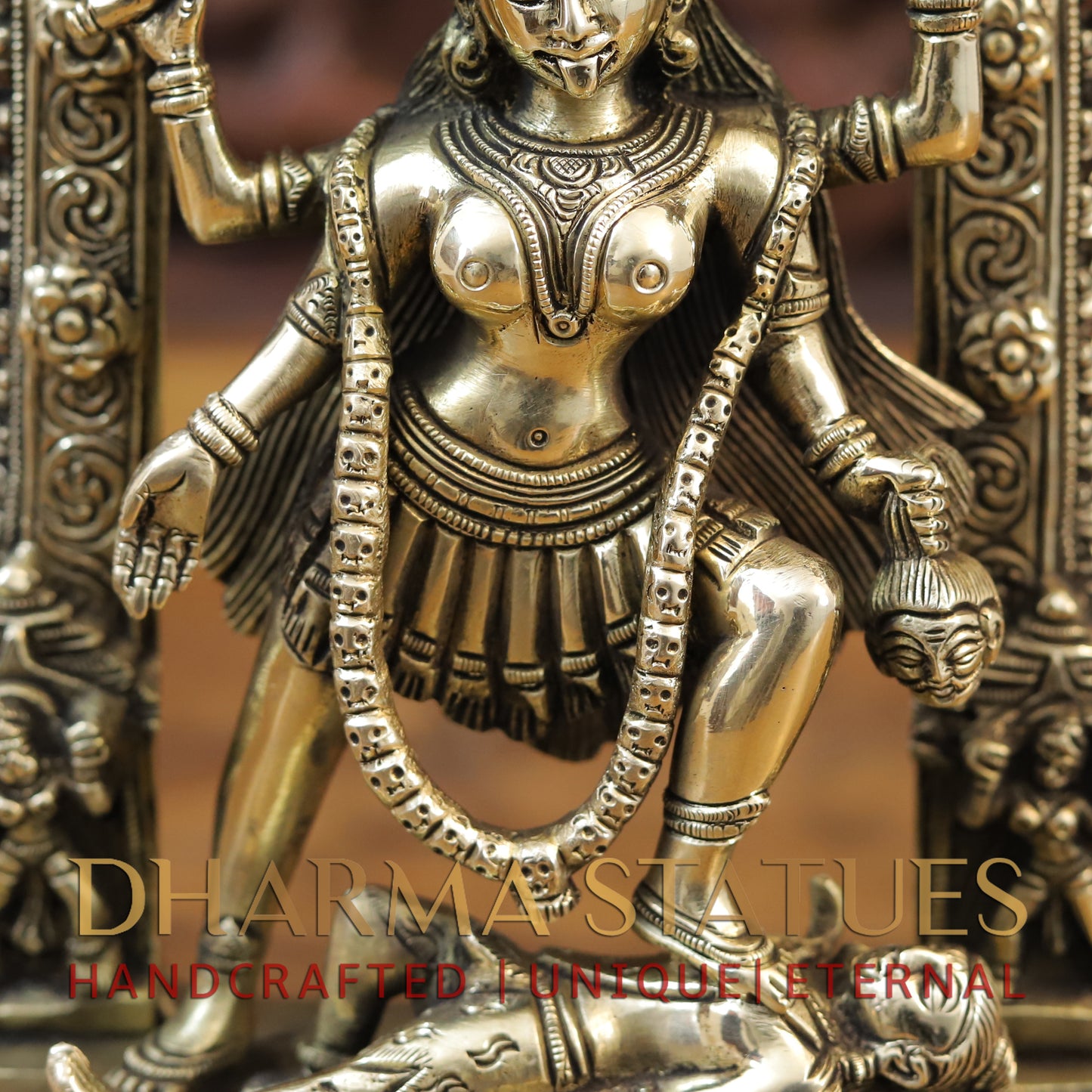 Brass Kali standing with Frame, Fine Golden Finish, 10.5"