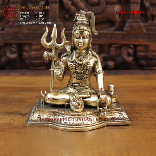 Brass Shiva seated in Blessing Posture, Golden Finish, 10.5"