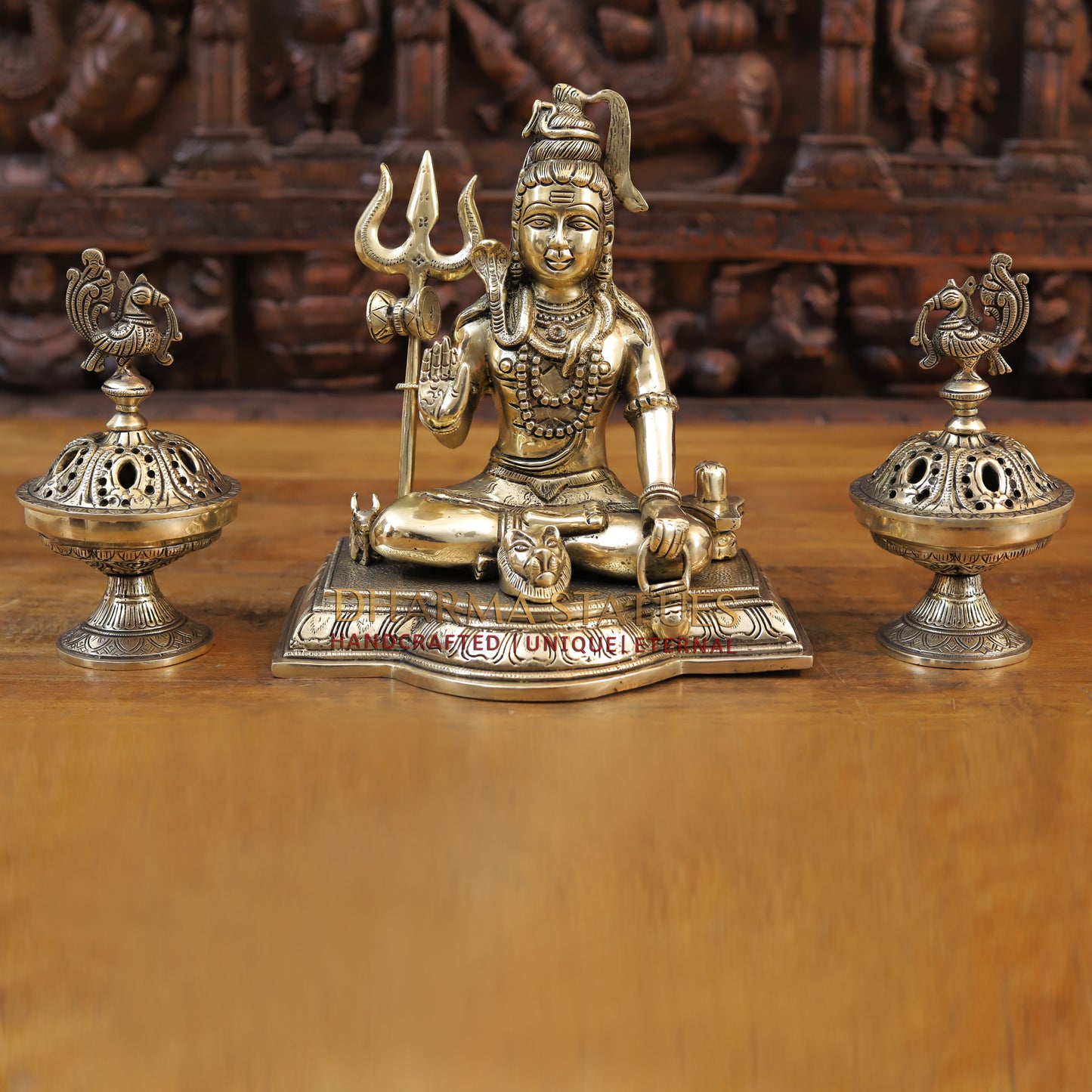 Brass Shiva seated in Blessing Posture, Golden Finish, 10.5"