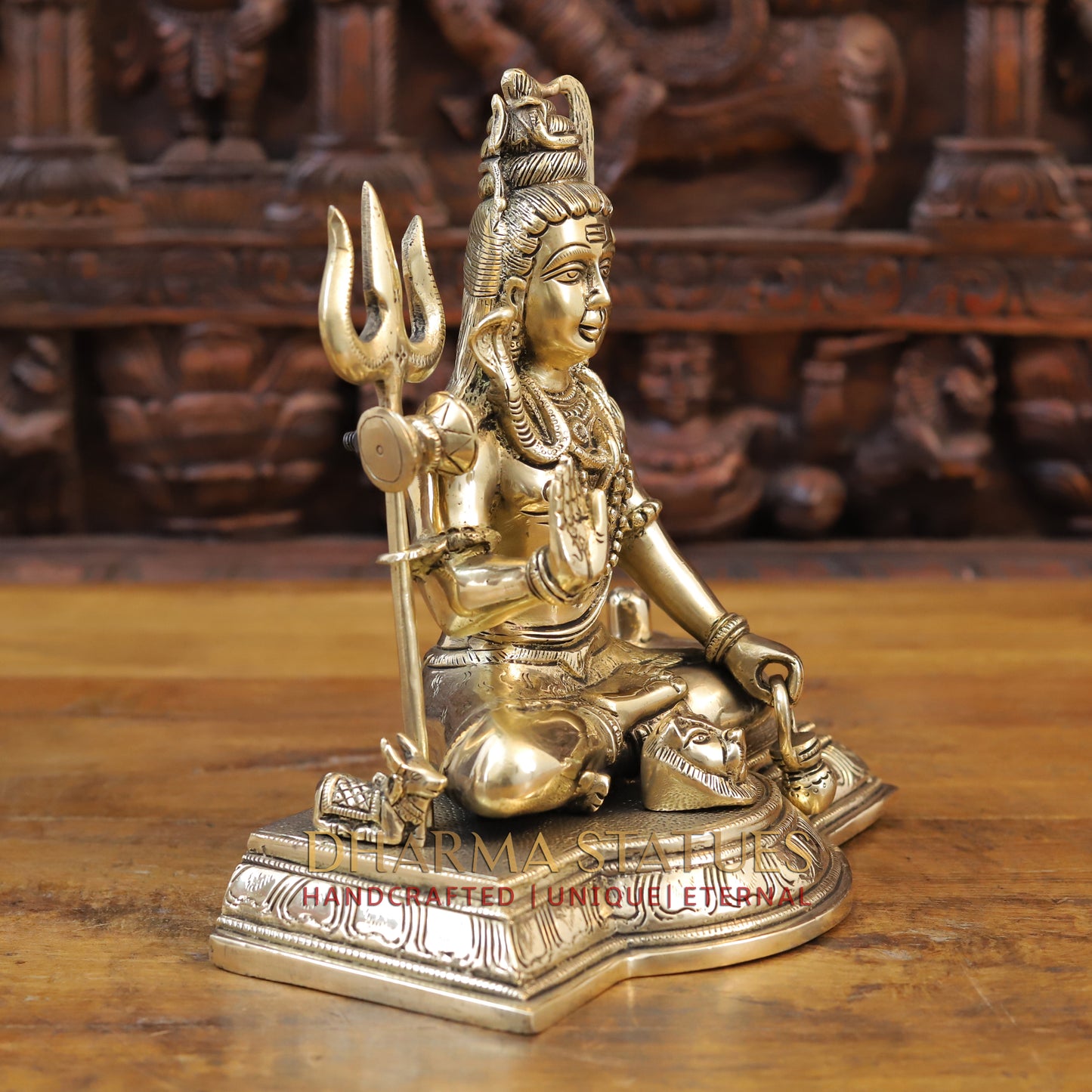 Brass Shiva seated in Blessing Posture, Golden Finish, 10.5"