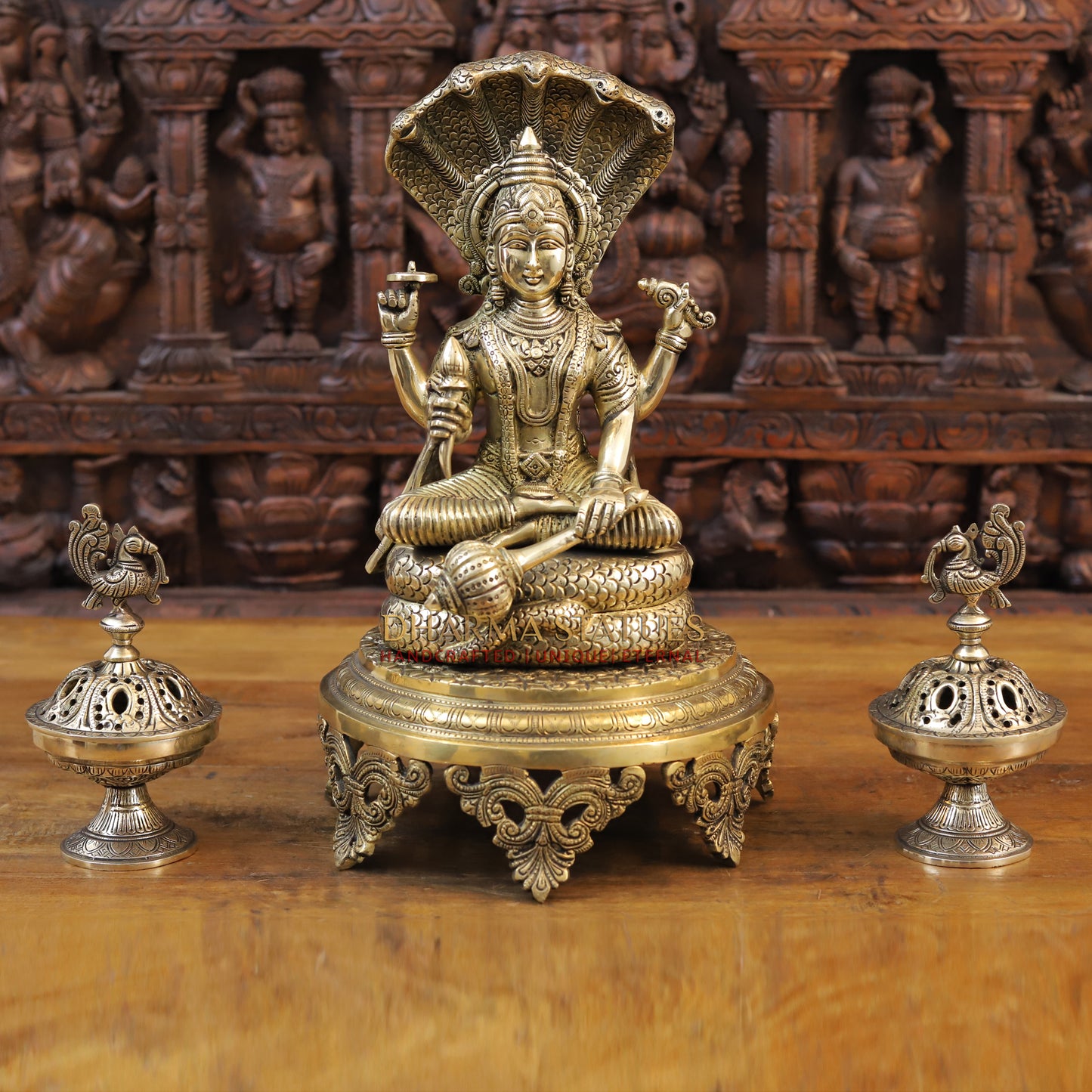 Brass Vishnu Seated on Sheshnag, Fine Golden Finish, 13"