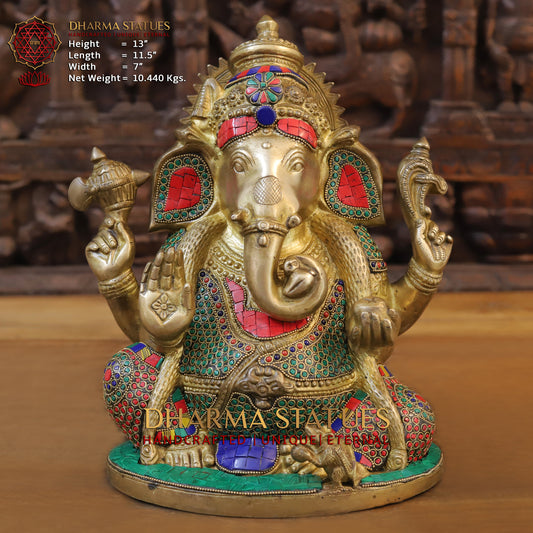 Brass Ganesh Seated with Rat, Blessing Posture, Golden & Stonework, 13"