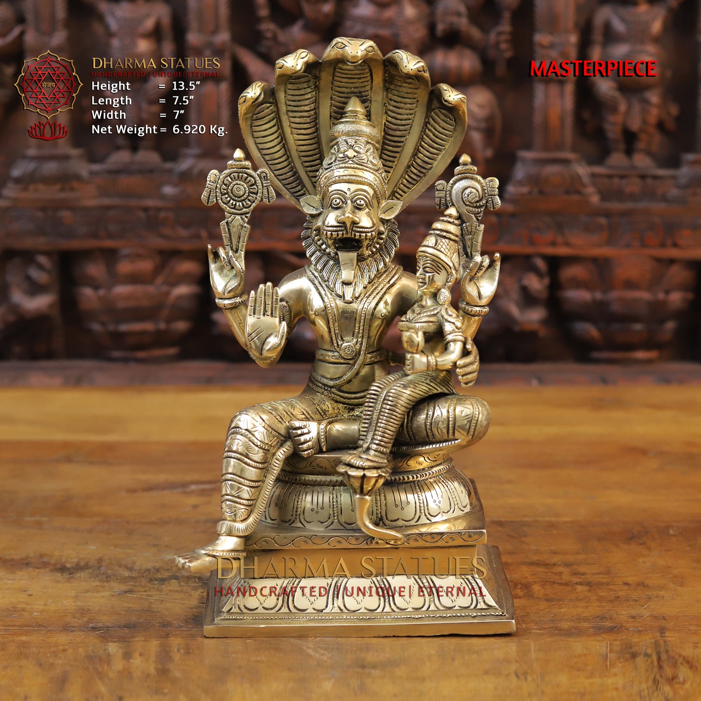 Brass Narasimha seated with Lakshmi, Fine Golden Finish, 13.5"