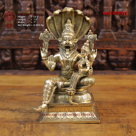 Brass Narasimha seated with Lakshmi, Fine Golden Finish, 13.5"