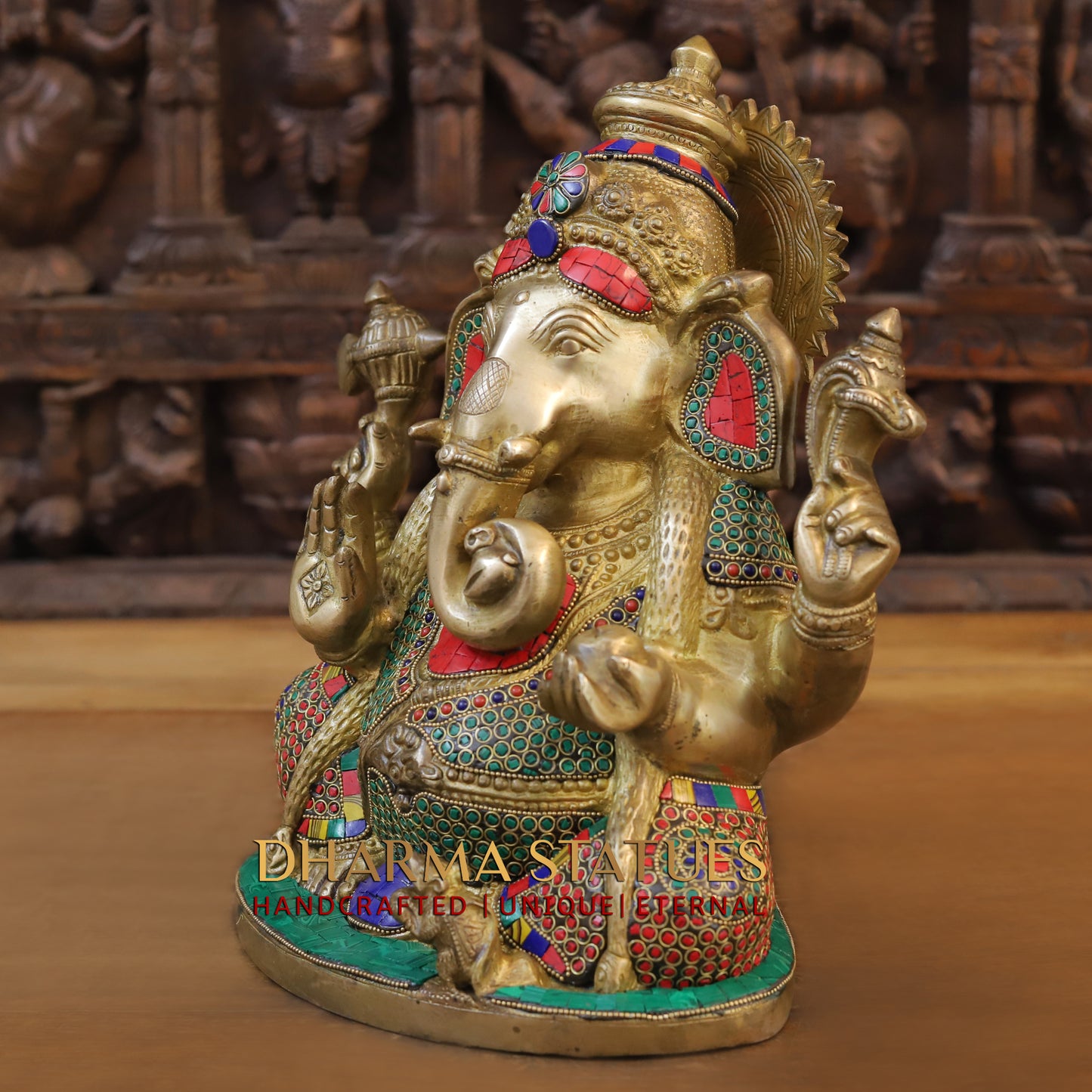 Brass Ganesh Seated with Rat, Blessing Posture, Golden & Stonework, 13"