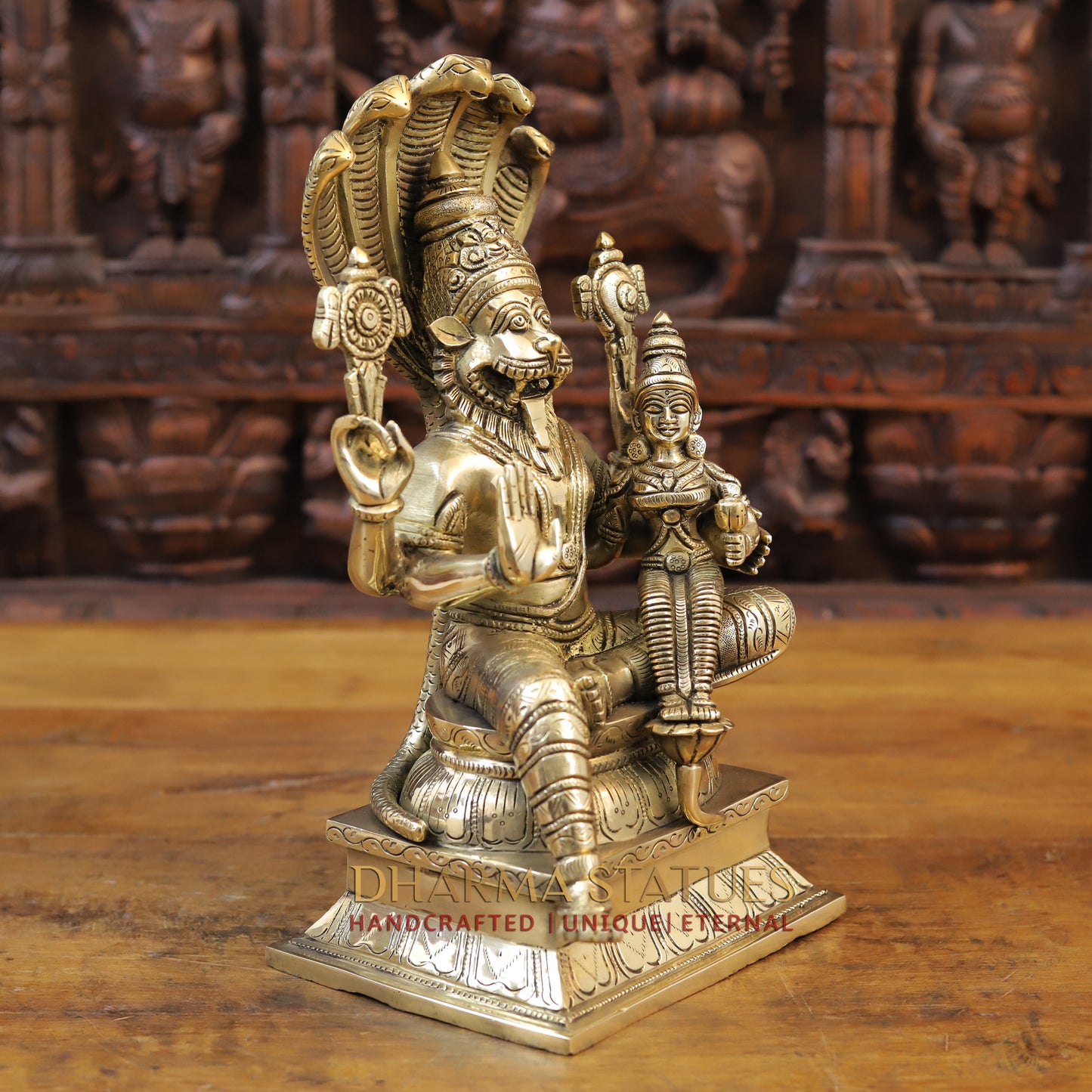 Brass Narasimha seated with Lakshmi, Fine Golden Finish, 13.5"
