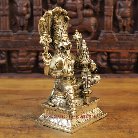 Brass Narasimha seated with Lakshmi, Fine Golden Finish, 13.5"