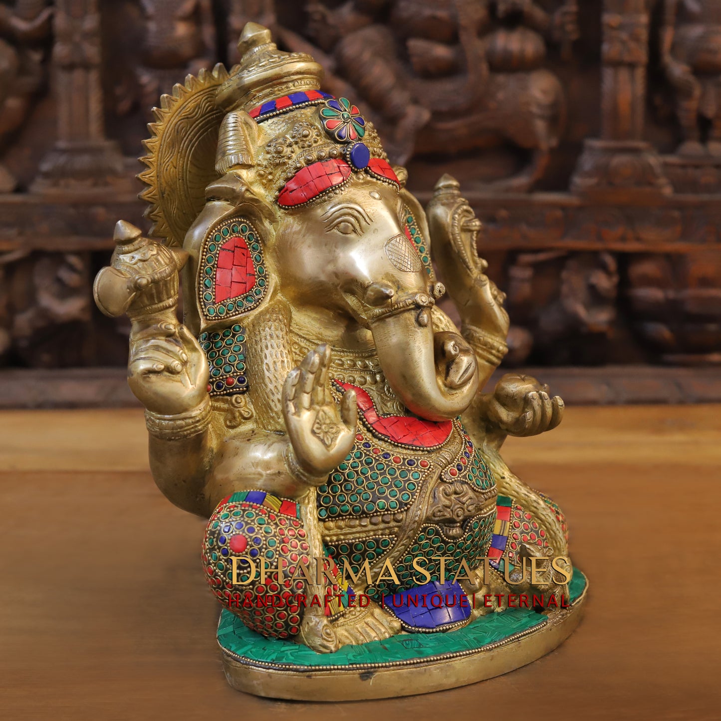 Brass Ganesh Seated with Rat, Blessing Posture, Golden & Stonework, 13"