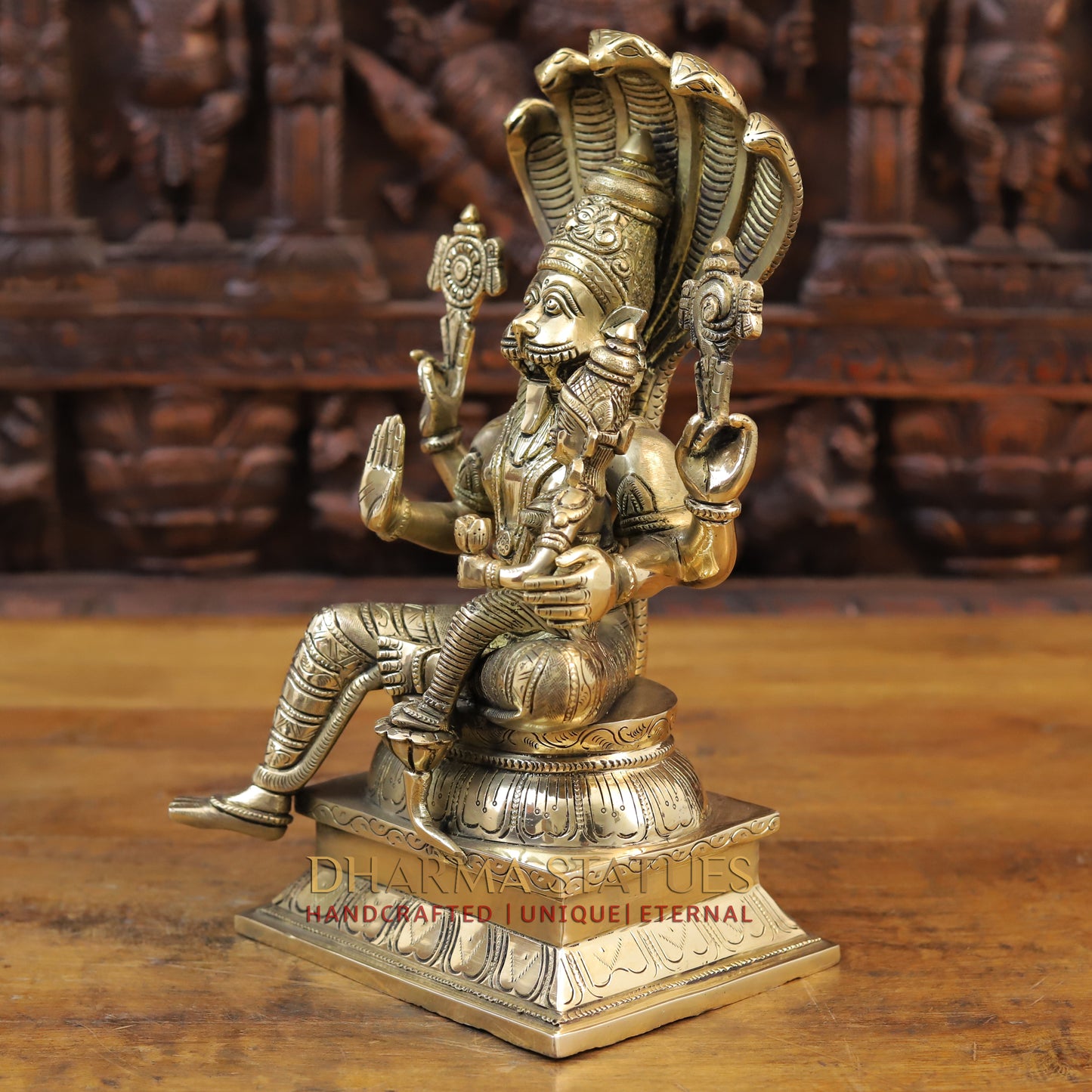 Brass Narasimha seated with Lakshmi, Fine Golden Finish, 13.5"
