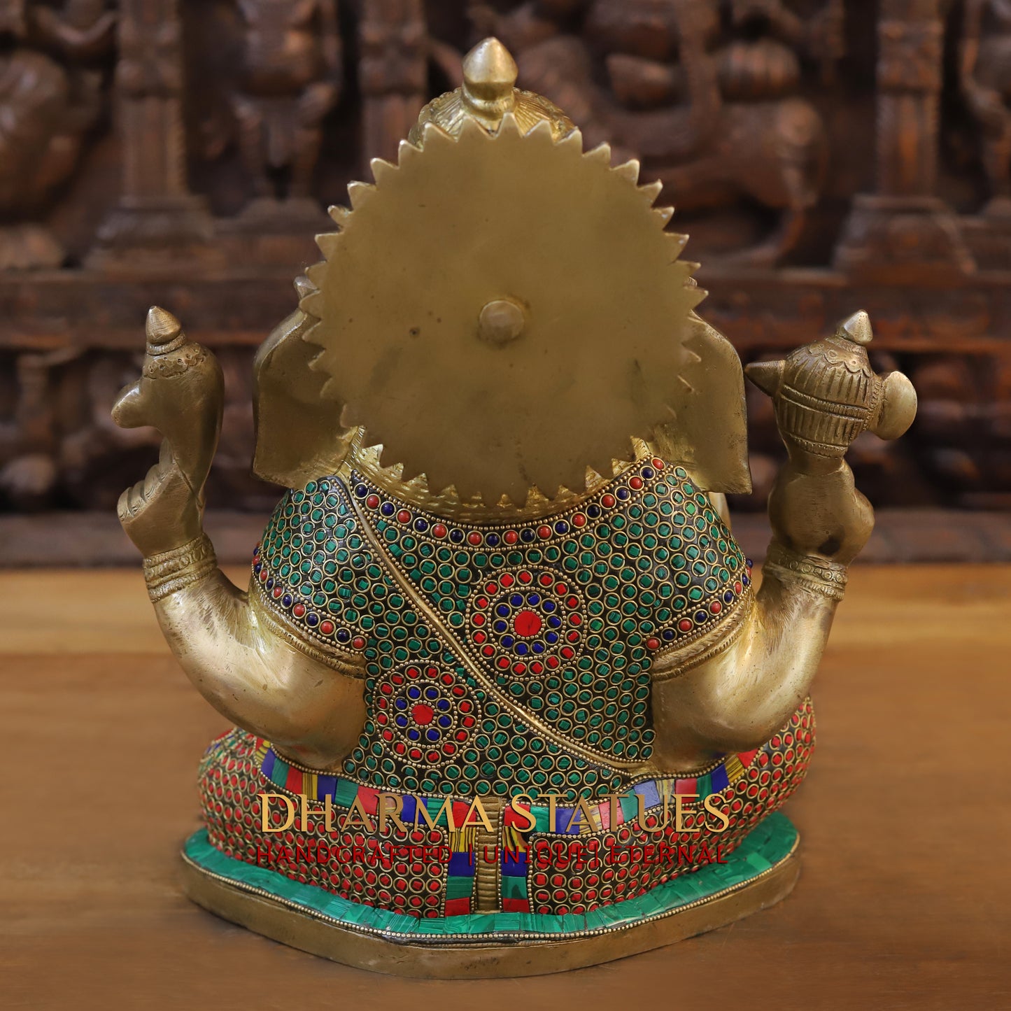 Brass Ganesh Seated with Rat, Blessing Posture, Golden & Stonework, 13"