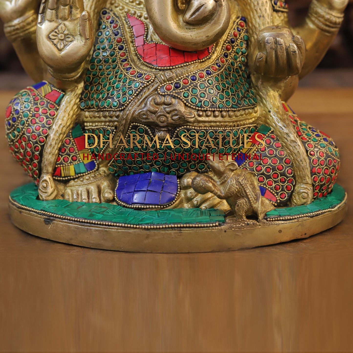 Brass Ganesh Seated with Rat, Blessing Posture, Golden & Stonework, 13"