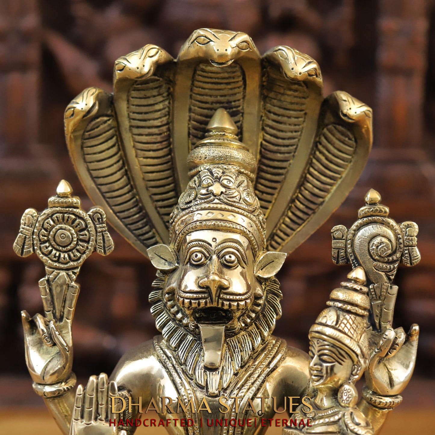 Brass Narasimha seated with Lakshmi, Fine Golden Finish, 13.5"